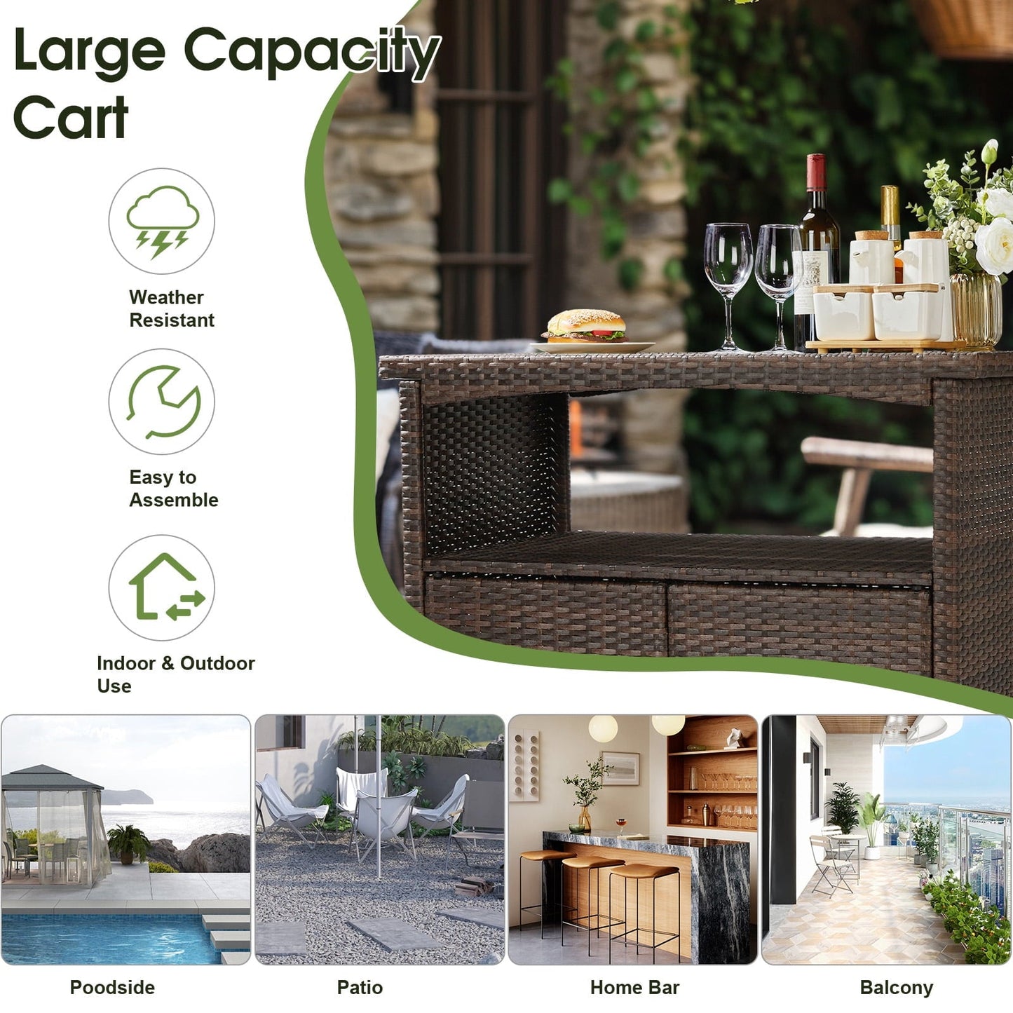 HiiKaa Outdoor Bar Cart with Storage Cabinet,Patio Wicker Sideboard Buffet Cabinet Prep Table,Kitchen Serving Cart with Rolling Wheels,Handle,Rattan Portable Bar Table with Shelves Doors Brown