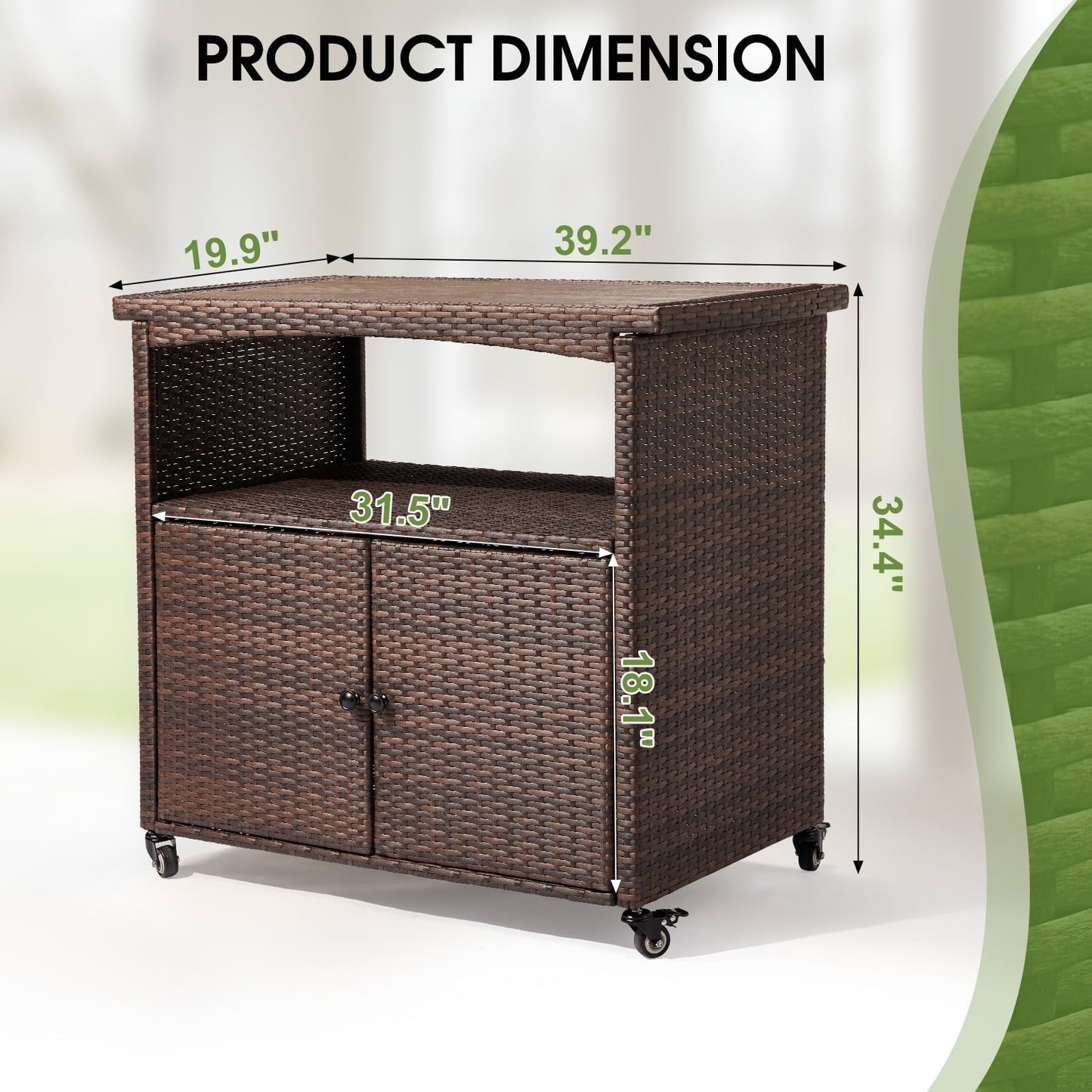 HiiKaa Outdoor Bar Cart with Storage Cabinet,Patio Wicker Sideboard Buffet Cabinet Prep Table,Kitchen Serving Cart with Rolling Wheels,Handle,Rattan Portable Bar Table with Shelves Doors Brown