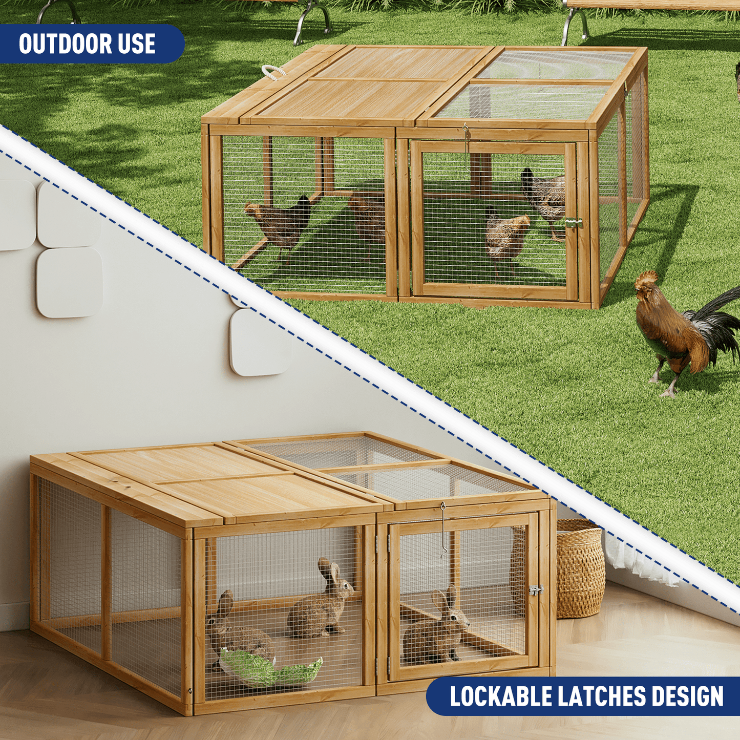BEZT Foldable Chicken Coop Rabbit Hutch Indoor/Outdoor, Chicken Coop Rabbit Hutch Pet Cage Wood Small Animal Poultry Cage,45.5 x 42.5 x 20 Inch, No Assembly Required(Natural)