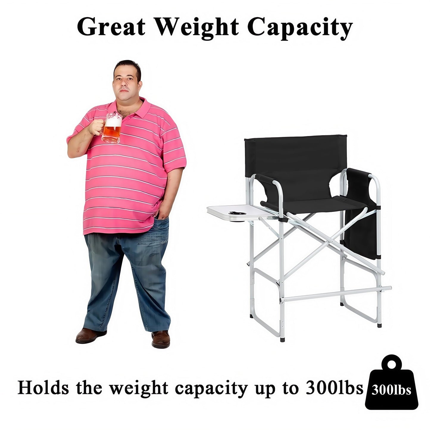 Gundir Tall Director Chair, Adult, Folding Camping Chair with Side Table, Cup Holder and Storage Bags