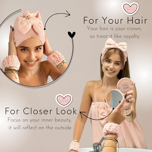 Happy Lolli Power Shower Gift Set – College Essential Bath Accessories for Women and Teen Girls – Includes Body Towel, Hair Towel, Wrist Bands, Headband, Face Sponge and More (Fresh in Pink)