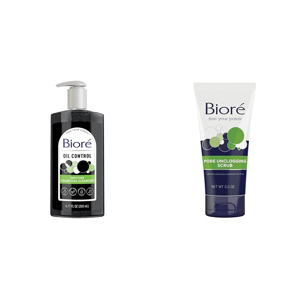 Bioré Deep Pore Charcoal Face Wash, Facial Cleanser for Dirt and Makeup Removal From Oily Skin, 6.77 Ounce & Bioré Pore Unclogging Scrub, Removes Excess Dirt and Oils, Face Scrub