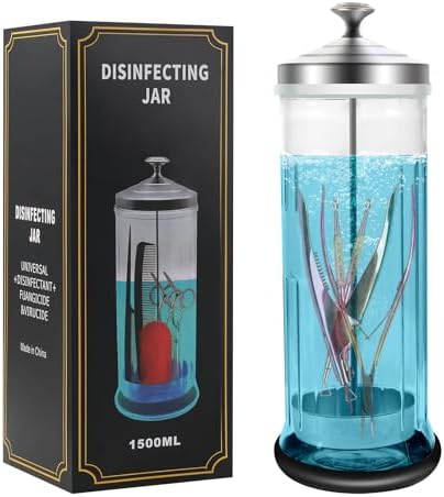 53 Oz Barbicide Disinfectant Jar with anti-slip pad, Disinfectant Jar Large for Nail Tools, Barber Shop&Spa Implements Barbicide Containers with Removable Straining Tray(1500ml)
