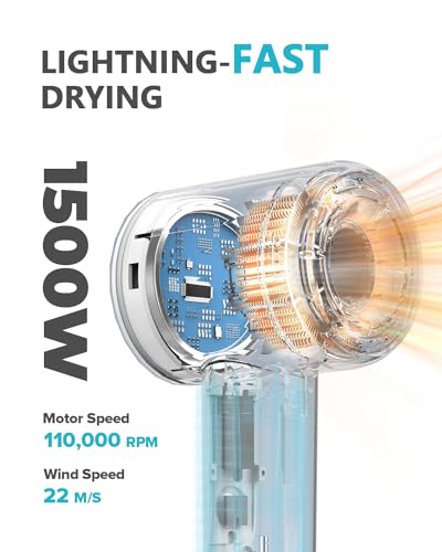 High Speed Ionic Hair Dryer with Diffuser, Professonal Blow Dryer 110,000 RPM Brushless Motor for Fast Drying, 1500W 4Temps /2Speeds, Thermo-Control Hairdryer for Women Home Travel (White)