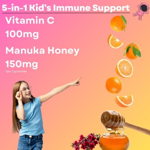5-in-1 Kid's Immune Support Gummy, Manuka Honey, Vitamin C, Zinc, Echinacea, Ginger, Gummy Supplement, Essential Immune Support Gummies for Daily Use, Natural Citrus Flavored - 60 Count