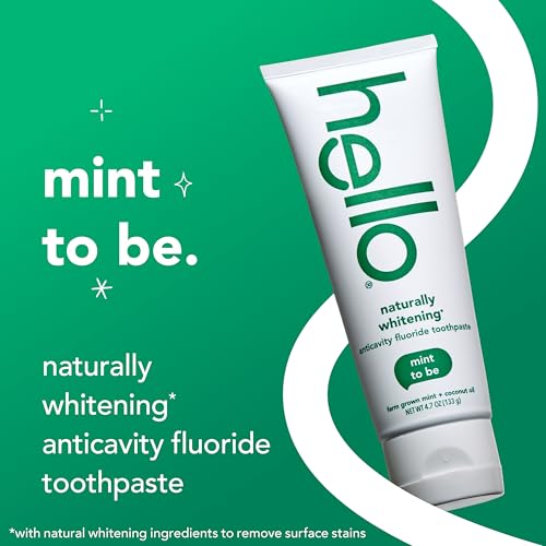 Hello Naturally Whitening Fluoride Toothpaste, Natural Whitening Toothpaste with Coconut Oil and Tea Tree Oil, Tames Bad Breath, Helps Moisturize, and Fights Cavities, Mint, 3 Pack, 4.7 Oz Tubes