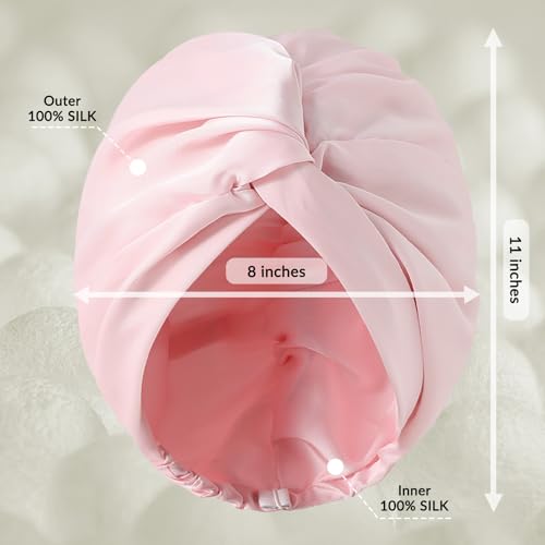 100% Mulberry Silk Bonnet for Sleeping Women, 22 Momme Grade-6A Double Layer Silk Hair Wrap With Elastic Band Stay On Head All Night(1PCS,Pink)