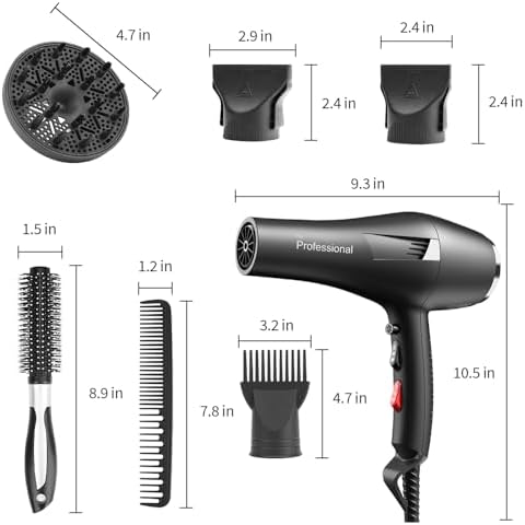 Ionic Salon Hair Dryer, Professional Blow Dryer AC Motor Fast Drying with 2 Speed, 3 Heat Setting, Cool Button, with Diffuser, Nozzle, Concentrator Comb for Curly & Straight Hair-Black