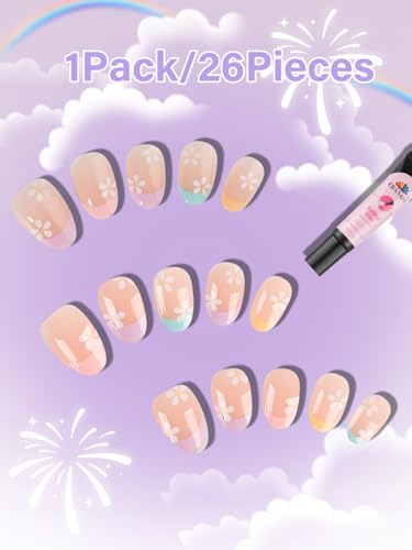 26 Pieces Press on Nails for Kids, EBANKU 1 Pack Kid Fake Nail Pink Flower Press on Nails for Girls 5-12 Years with Nail Glue