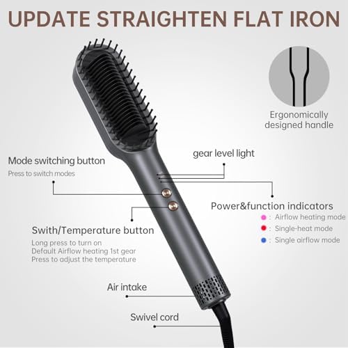 Hair Straightener Brush, Hair Straightener Comb Straightening Brush for Women, 30s Fast Heating & Dual Voltage, Grey