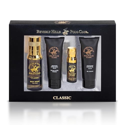 Beverly Hills Polo Club BHPC 4 Piece Economy Gift Set, with Eau De Toilette, Body Spray, After Shave & Shower Gel (Classic)