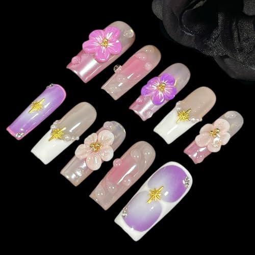 Handmade Press On Nails Medium/Long Square Pink 3D Sakura Design - Reusable French Acrylic Fake Nails with Gold Stars & Pearls, Luxury Cherry Blossom False Nails (Sakura, S)