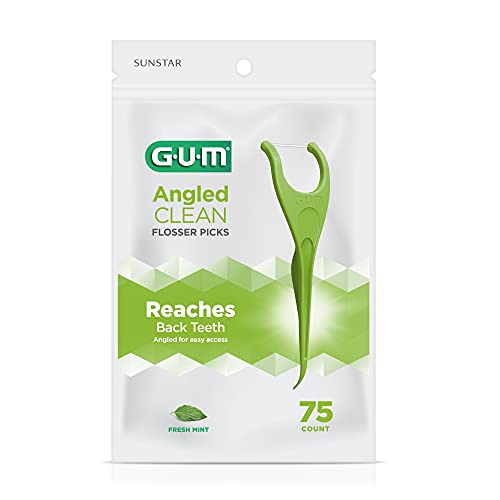 GUM Angled Floss Picks, Perfect for Tight Teeth, Extra Strong Shred-Resistant Dental Floss, Angled for Easy Reach, Dental Flossers for Adults, Fresh Mint Flavor, 75ct (4pk)