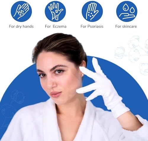 Cotton Gloves - for Beauty, Dry Hands, Eczema, Dermatitis and Psoriasis (7 Pairs) with Free Gifts (Professional Nail Buffer & Washing Bag) (Large)