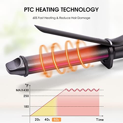 1 1/4 Inch Curling Iron, Ceramic Coated Hair Curling Wand, Rapid 430°F Heating, Temperature LED Display, 6 Temperature Settings, 60 Minutes Auto-Off