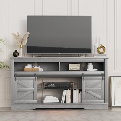 YESHOMY Fireplace TV Stand for Television up to 65+ Inch with Storage and Farmhouse Sliding Barn Doors, Entertainment Center with Cabinet and Shelves, Media Console for Living Room, Gray