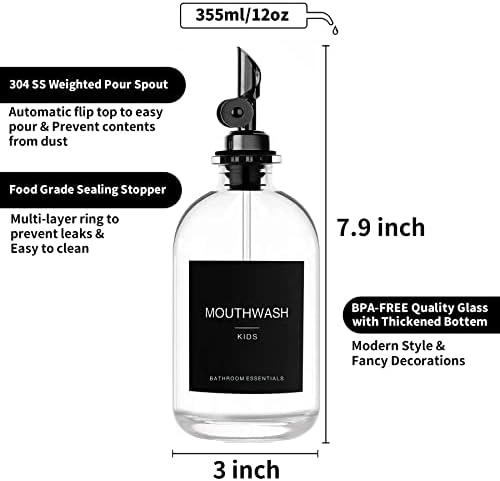 Black Glass Mouthwash Dispenser with Cups, 12.7 oz, 2 Pack - Clear Mouthwash Bottle with 304 Stainless Steel Spout & Minimalist Labels, Style Mouthwash Container for Bathroom