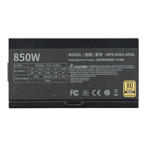 Cooler Master MWE Gold 850 V3 ATX 3.1 Full Modular PSU, 850W, 80+ Gold Efficiency, 90° 12VHPWR|600W PCIe 5.1, GPU Support RTX 4090, Zero-RPM Mode, Hexagonal Fan Cover, 10-Year
