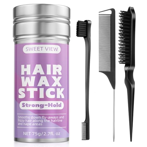 SWEET VIEW Hair Wax Stick & Slick Back Hair Brush, Flexible Hold Fly Away Hair Tamer, Hair Cream/Gel for Sleek Ponytail,Flyaways,Frizz, Non-Greasy Hair Styling Accessory Pomade/Balm for Toddler, Kid