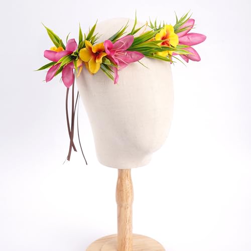 Hawaiian Leis Flower Crown - Artificial Tropical Flower Headpiece Hawaii Floral Headband with Ribbon Lei Luau Dress Up Hair Accessories for Luau Party Costume Beach Pool Vacation Decorations