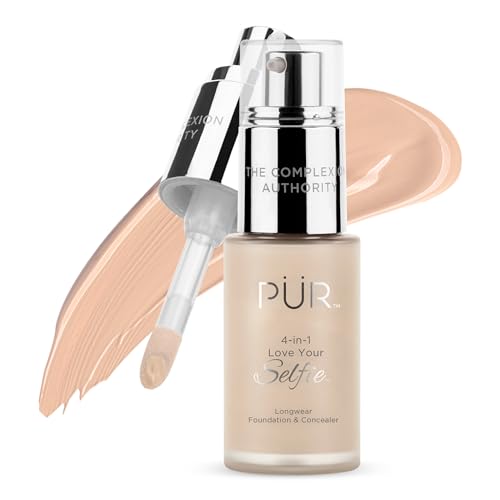 PUR Cosmetics 4-in-1 Love Your Selfie Longwear Foundation and Concealer - Unique, Dual-Applicator Component - Covers Blemishes and Imperfection - Reduce Fine Lines and Wrinkles - MG2 - 1 oz Makeup
