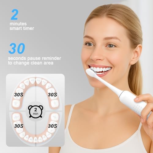 240 Days Battery Life Rechargeable Electric Toothbrush for Adults,with 2500mAH Large Capacity, 8 Pack Replacement Brushheads,3 Classic Modes,2 Min Smart Timer Battery Toothbrush,White