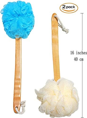 2-Pack Shower Loofah Body & Back Scrubber - Exfoliating Loofah luffa loofa Bath Brush On a Stick - with Long Wooden Handle Back Brush for Men & Women - Easy Reach Body Wash & Lotion Applicator
