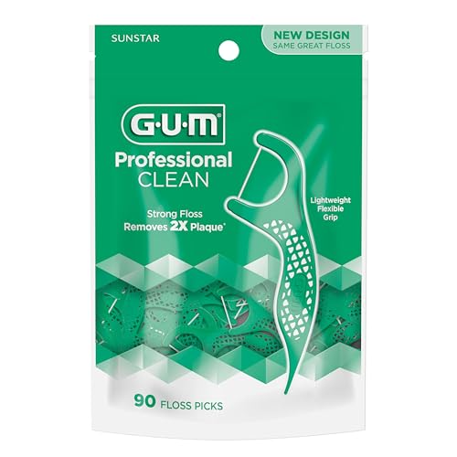 GUM Professional Clean Floss Picks - Extra Strong Shred-Resistant Floss, Easy Grip Handle - Dental Flossers for Adults - Fresh Mint Flavor, 90 Count (Pack of 3)