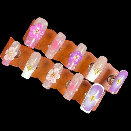 Handmade Press On Nails Medium/Long Square Pink 3D Sakura Design - Reusable French Acrylic Fake Nails with Gold Stars & Pearls, Luxury Cherry Blossom False Nails (Sakura, S)