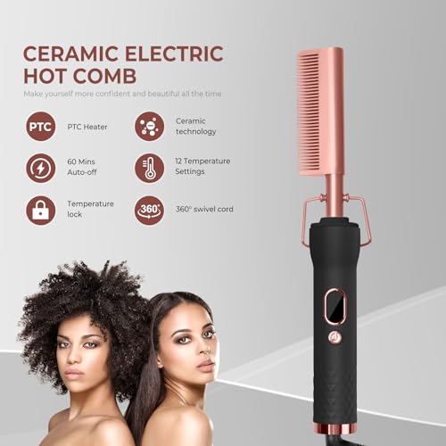 Hot Comb for Wigs Human Hair with 12 Temp Settings Heating Up to 450°F,Pressing Combs 110-240V Straightening Comb for Black Hair