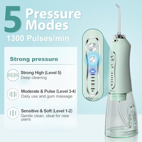 H2ofloss Water Dental Flosser Teeth Pick: Portable Cordless Oral Irrigator with 5 Modes, 300ML Rechargeable Travel Irrigation Cleaner IPX7 Waterproof Electric Flossing Machine for Teeth Cleaning Green