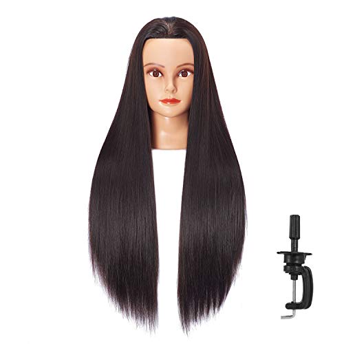 26-28'' Mannequin Head Synthetic Fiber Long Hair Styling Training Head Dolls for Cosmetology Manikin Maniquins Practice Head with Clamp Stand Holder (6611LB0220)