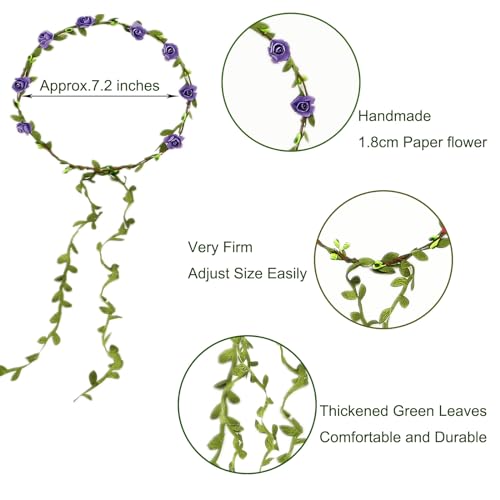 15 Pack Assorted Colored Rose Flower Crown Headband Garland Multicolor Headbands Wreath Floral Bohemian Headpiece for Vacation Fairy Party Wedding Festival