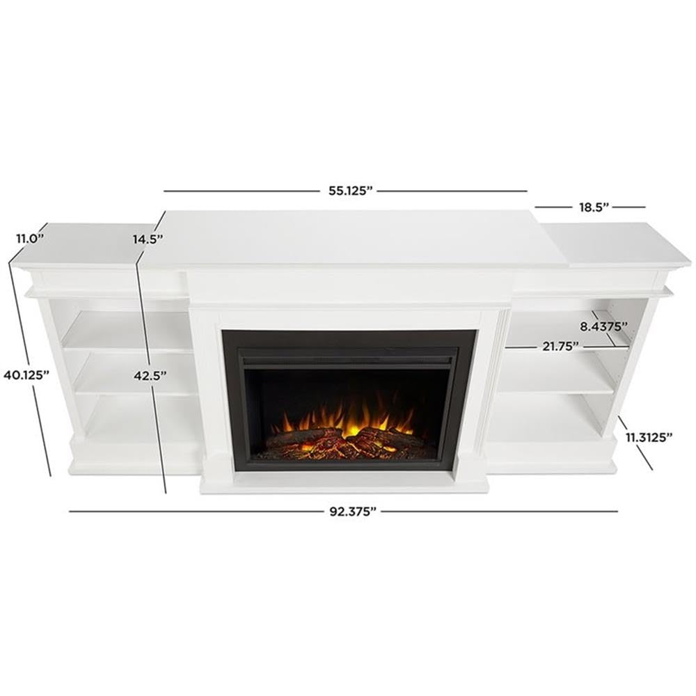 Bowery Hill 92" W Modern Wood Electric Fireplace TV Stand with Mantel & Remote Control, 6-Feet Power Cord and Hardware, 5 Flame Brightness Levels, for TVs up to 85", in White & Black Finish
