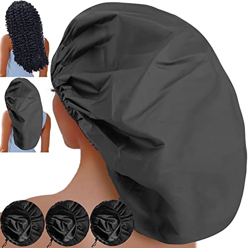 3 Pcs Super Jumbo Adjustable Satin Lined Shower Caps for Long Hair & Braids, Extra Large Shower Cap for Women & Men, Reusable XL with Waterproof Edge for Dreadlocks, Locs (Black)