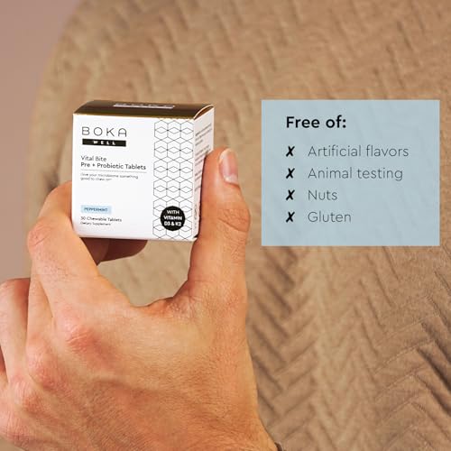 Boka Vital Bite Oral Pre + Probiotics - Sugar-Free Nut-Free Chewable Dental Probiotics for Teeth and Gums with BLIS K12, Vitamin D3 K2 for Men Women, Freshens Breath - Peppermint, 30 ct