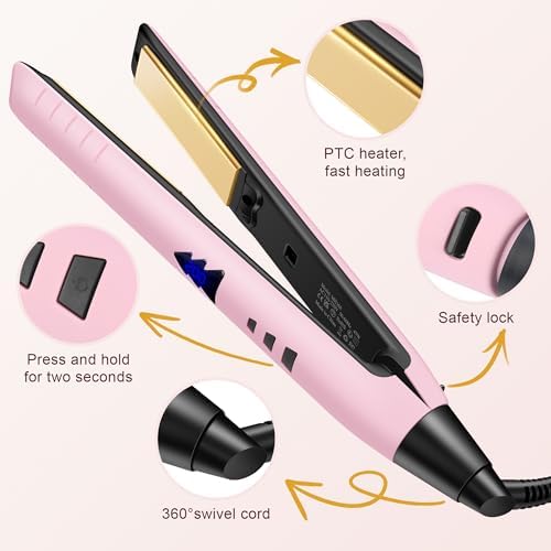 1 Inch Hair Straightener, Flat Iron Straightener & Curler 2 in 1, Rapid 15-Second Heat-Up Titanium Ceramic Ionic Dual Voltage Straightener for Less Frizz, Shines and Smooth, Styling Tools (Pink)