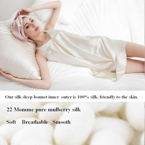 100% Mulberry Silk Bonnet for Women Hair Care, Grade 6A Silk Sleeping Cap - Stay On All Night Hair Wrap for Sleeping (Apricot/06, One Size-Medium)