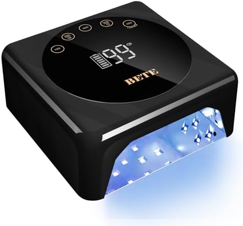 BETE Cordless LED Nail Lamp, 78W Rechargeable UV Nail Light, Intelligent Infrared Sensor and LCD Display Curing Nail Lamp, Portable Nail Dryer Gel Polish Light with 5 Timer Setting Black