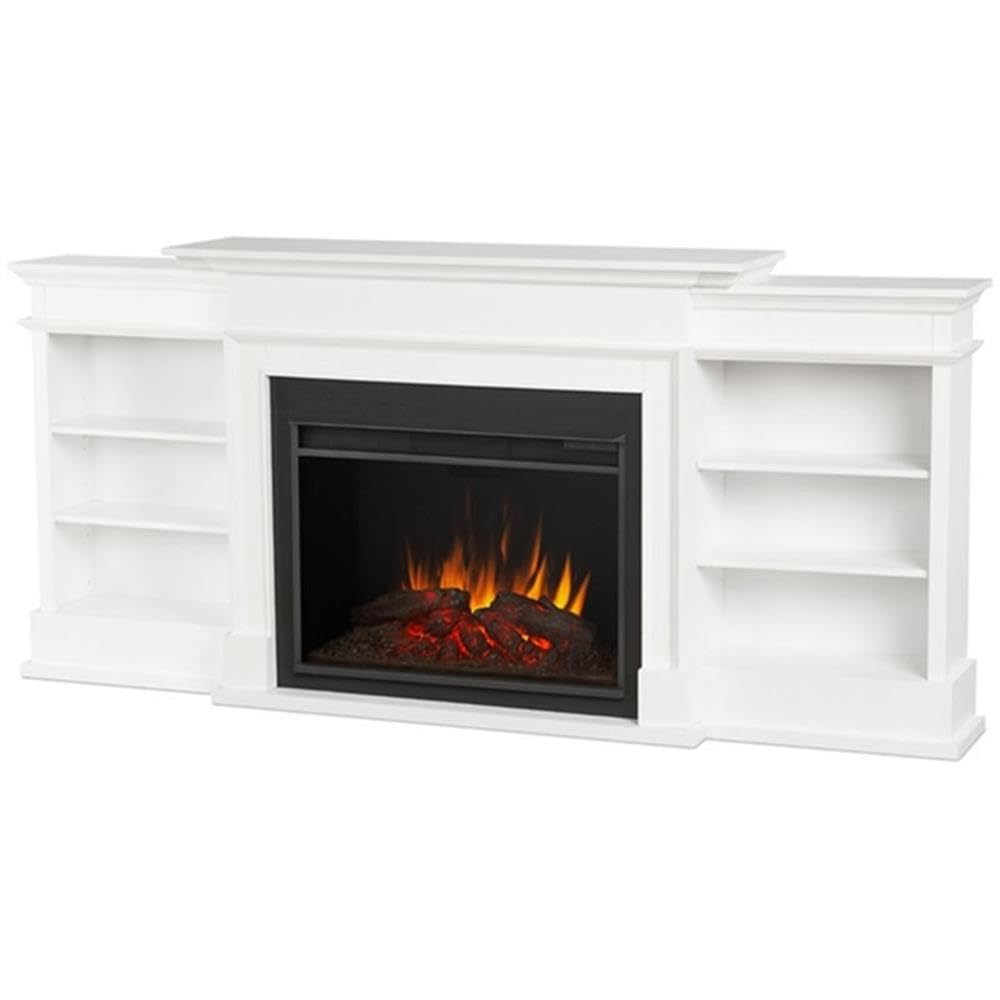 Bowery Hill 92" W Modern Wood Electric Fireplace TV Stand with Mantel & Remote Control, 6-Feet Power Cord and Hardware, 5 Flame Brightness Levels, for TVs up to 85", in White & Black Finish