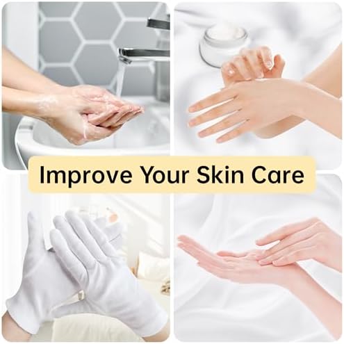 12 Pairs Premium 100% Cotton Gloves, Dry Hands & Eczema, Overnight Lotion & Spa Treatment for Women & Men, Reusable | White Floral Dots