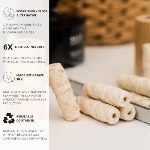 Biodegradable Silk Dental Floss Refill - Six Pack - Organic Natural Dental Floss, Refillable, Compostable Peace Silk Dental Floss Refills - 6 x 33 Yards - Eco-Friendly Mint Candelilla Wax