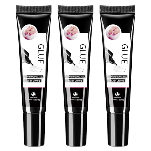 3Pcs Solid Nail Glue Gel for Press On Nail, No UV Lamp, Super Strong, Quick Drying, Semi Solid, Long Lasting, Clear/Transparent (15g x3)
