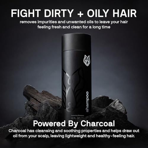 Black Wolf Mens Shampoo for Oily Hair, 12 Fl Oz - Charcoal-Infused Oil Control Shampoo with Moisturizing & Deep Cleansing Formula Hydrates & Nourishes Scalp - Daily Hair Care for Men