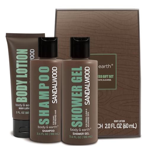 BODY & EARTH Men Gift Sets - 3PC Mens Gift Baskets Includes Sandalwood Shower Gel, Body Lotion, Shampoo, Mens Gift Basket as Birthday and Christmas Gifts for Men, Boyfriends and husbands