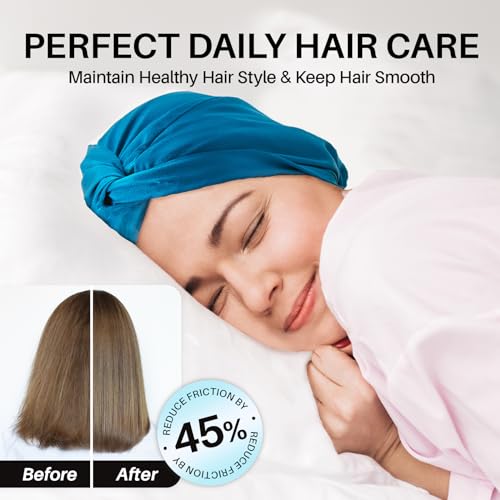 100% Mulberry Silk-Bonnet for Sleeping Women/Men for Curly/Thin/Short/Medium/Braids Hair, Real Silk Wrap Bonnet for Sleeping, Silk Sleep Night Cap for Hair Care, Peacock Blue