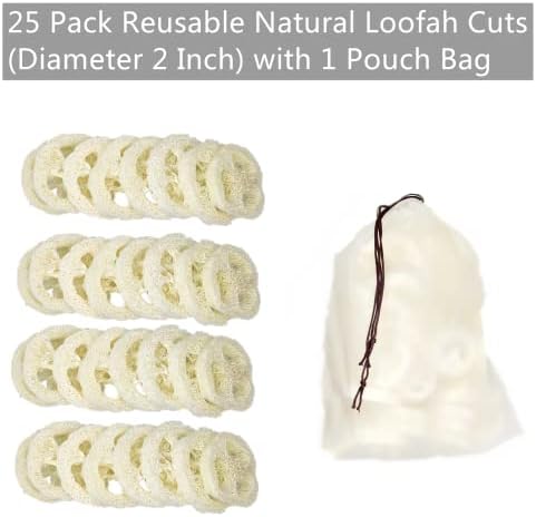 25Pcs Natural Loofah Slices of 2In, Reusable Natural Loofah Cuts for Cleaner Sponge Scrubber, Facial Soap Holder and DIY Customize Soap Tools for Wholesome Skin Care and Exfoliation with 1 Storage Bag