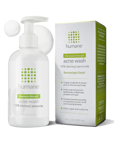 humane Benzoyl Peroxide Acne Body Wash - 10% Maximum-Strength Acne Treatment for Face, Skin, Butt, Back and Body - 8 Fl Oz - Dermatologist-Tested Non-Foaming Cleanser - Vegan, Cruelty-Free