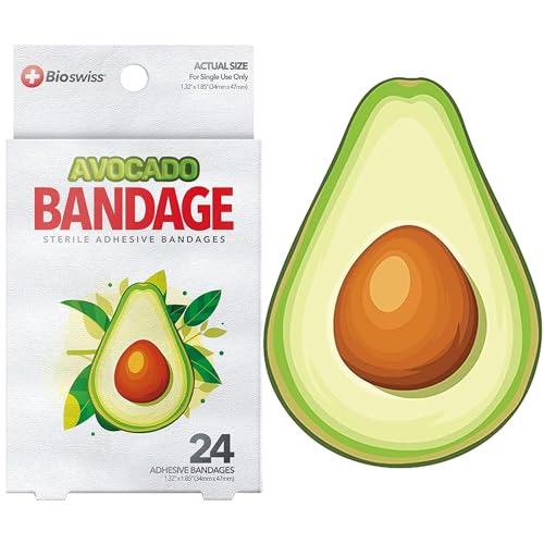 BioSwiss Bandages, Avocado Shaped Self Adhesive Bandages, Latex Free Sterile Wound Care, Fun First Aid Kit Supplies for Kids, 24 Count