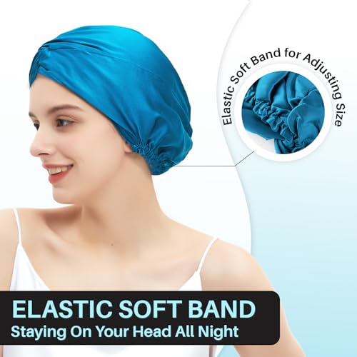 100% Mulberry Silk-Bonnet for Sleeping Women/Men for Curly/Thin/Short/Medium/Braids Hair, Real Silk Wrap Bonnet for Sleeping, Silk Sleep Night Cap for Hair Care, Peacock Blue